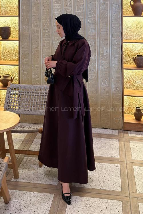 Lamelif Broş Detaylı Etekli Takım Mürdüm