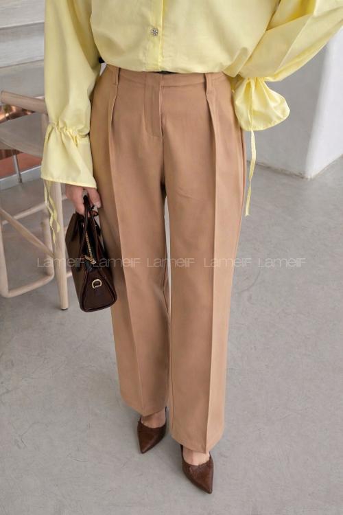 Lamelif Çift Kemer Detaylı Pantolon Camel