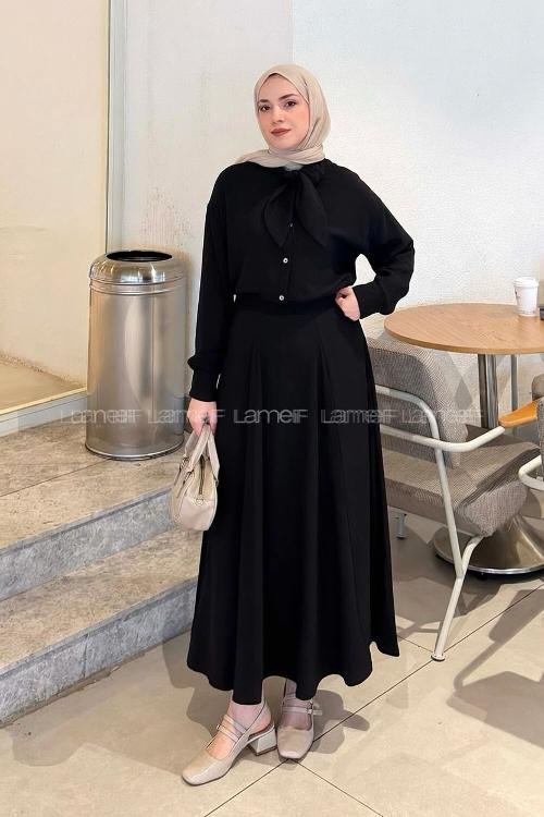 Lamelif Fular Yakalı Takım Siyah