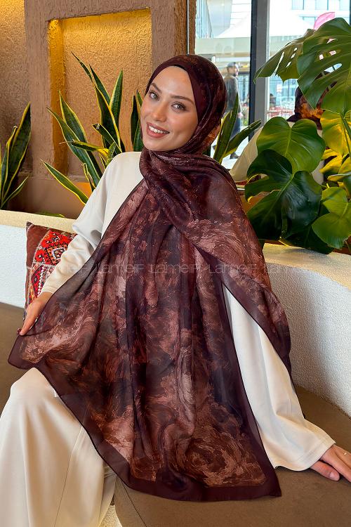 Lamelif Gül Çiçek Desen Ferah Şal Açı Kahve