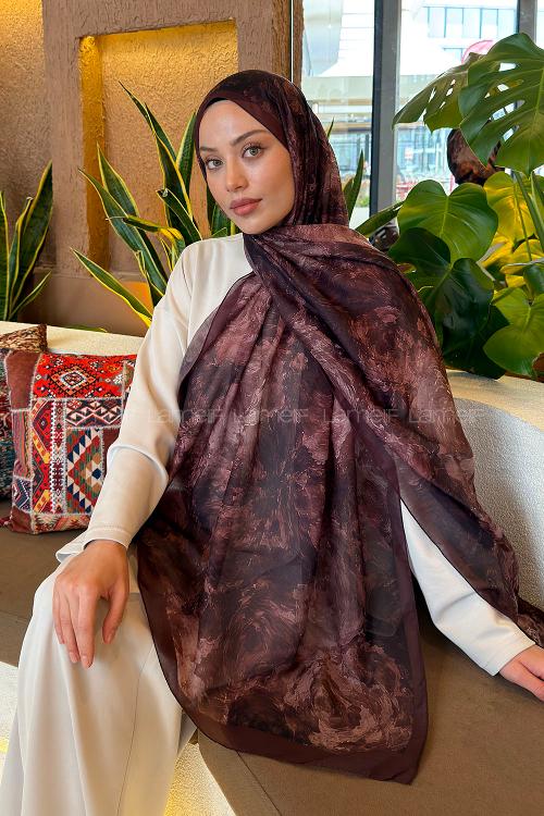 Lamelif Gül Çiçek Desen Ferah Şal Çikolata Kahve