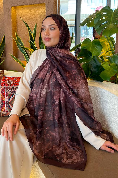 Lamelif Gül Çiçek Desen Ferah Şal Çikolata Kahve