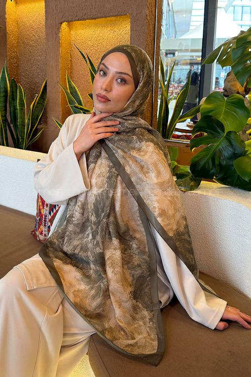 Lamelif Gül Çiçek Desen Ferah Şal Haki