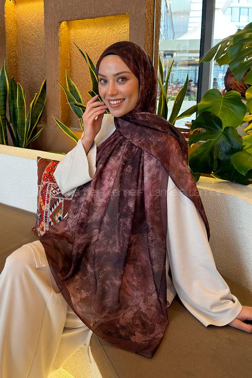 Lamelif Gül Çiçek Desen Ferah Şal Kahverengi