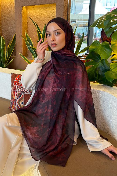 Lamelif Gül Çiçek Desen Ferah Şal Koyu Bordo