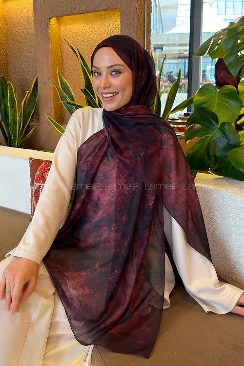 Lamelif Gül Çiçek Desen Ferah Şal Koyu Bordo