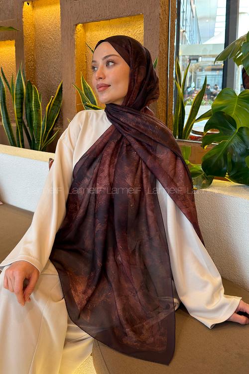 Lamelif Gül Çiçek Desen Ferah Şal Koyu Kahve