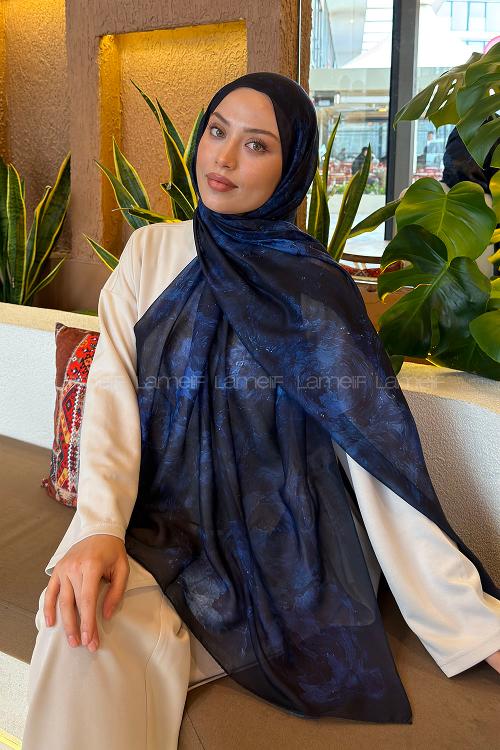 Lamelif Gül Çiçek Desen Ferah Şal Lacivert