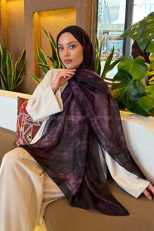 Lamelif Gül Çiçek Desen Ferah Şal Mürdüm