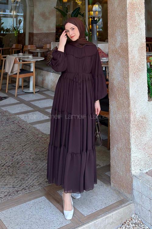 Lamelif Kat Kat Detaylı Tesettür Elbise Acı Kahve