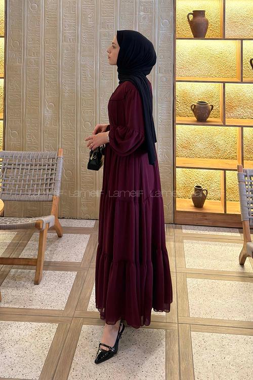 Lamelif Kat Kat Detaylı Tesettür Elbise Bordo