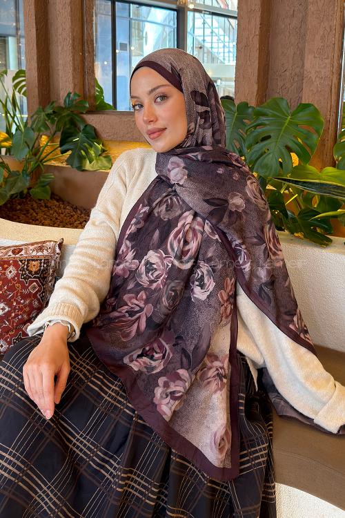 Lamelif Çiçek Desen Bambu Şal Eflatun