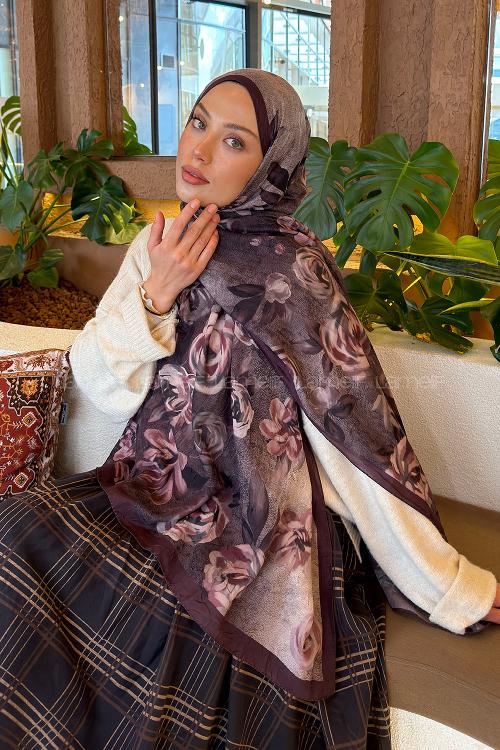 Lamelif Çiçek Desen Bambu Şal Eflatun