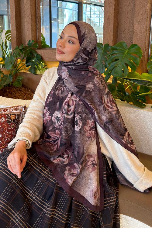 Lamelif Çiçek Desen Bambu Şal Eflatun