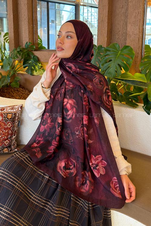 Lamelif Çiçek Desen Bambu Şal Koyu Bordo