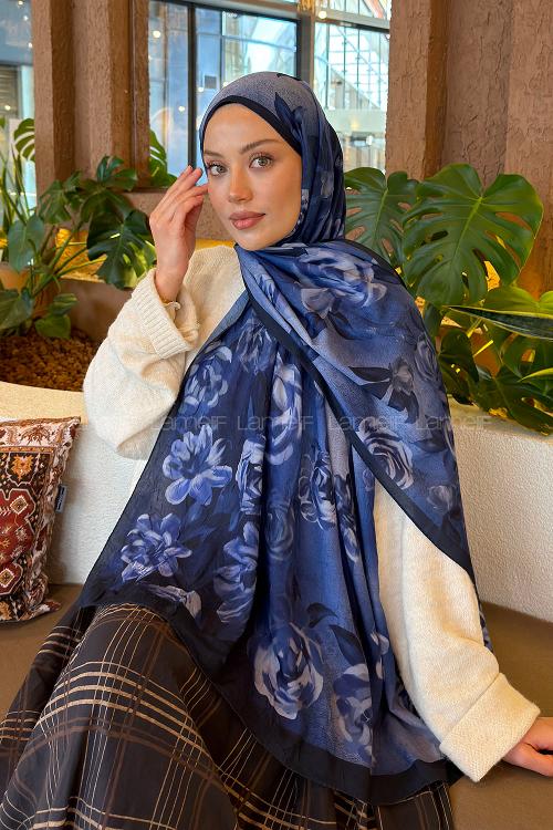 Lamelif Çiçek Desen Bambu Şal Lacivert