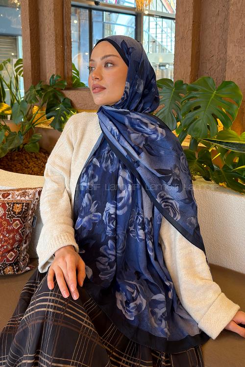 Lamelif Çiçek Desen Bambu Şal Lacivert