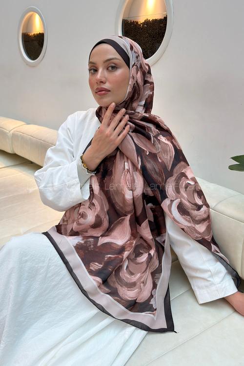 Lamelif Çiçek Desen Pamuk Şal Acı Kahve