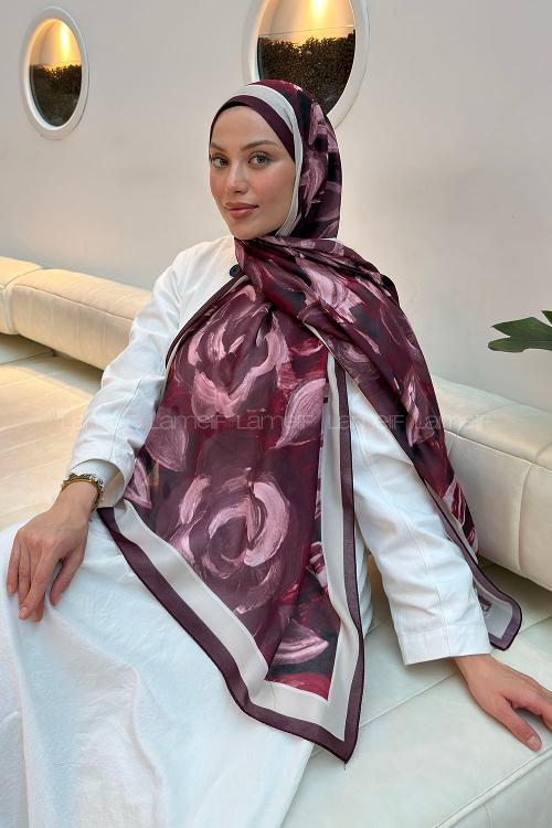 Lamelif Çiçek Desen Pamuk Şal Bordo Vizon