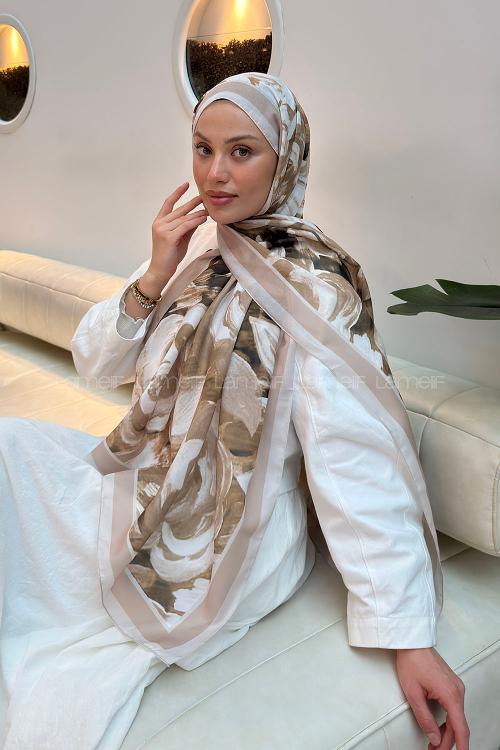 Lamelif Çiçek Desen Pamuk Şal Koyu Bej