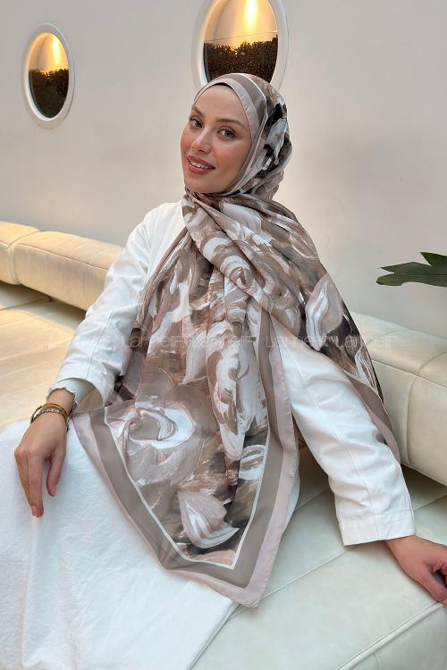 Lamelif Çiçek Desen Pamuk Şal Koyu Vizon