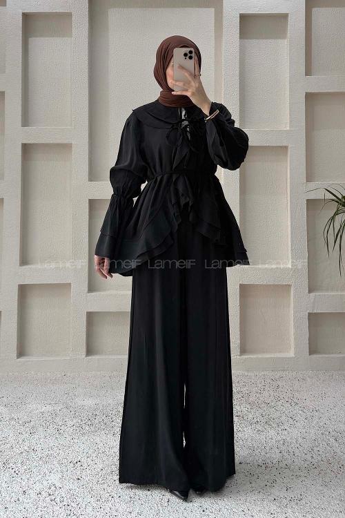 Lamelif Geniş Volan Yakalı Bağlama Detaylı Pantolonlu Takım Siyah