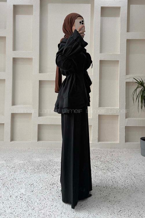 Lamelif Geniş Volan Yakalı Bağlama Detaylı Pantolonlu Takım Siyah