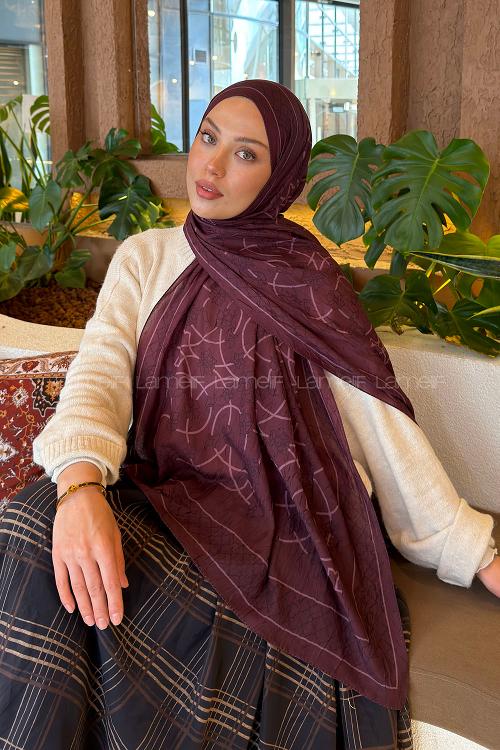 Lamelif Geometrik Desen Bambu Şal Mürdüm