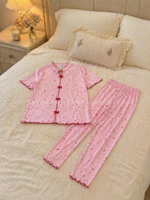 Lamelif Kadın Küçük Kalp  Minimal Desenli Fiyonk Özel Dikiş Pijama Takımı