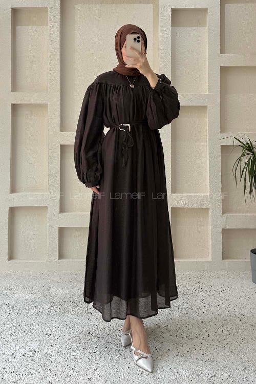 Lamelif Kemer Detaylı Tesettür Elbise Acı Kahve