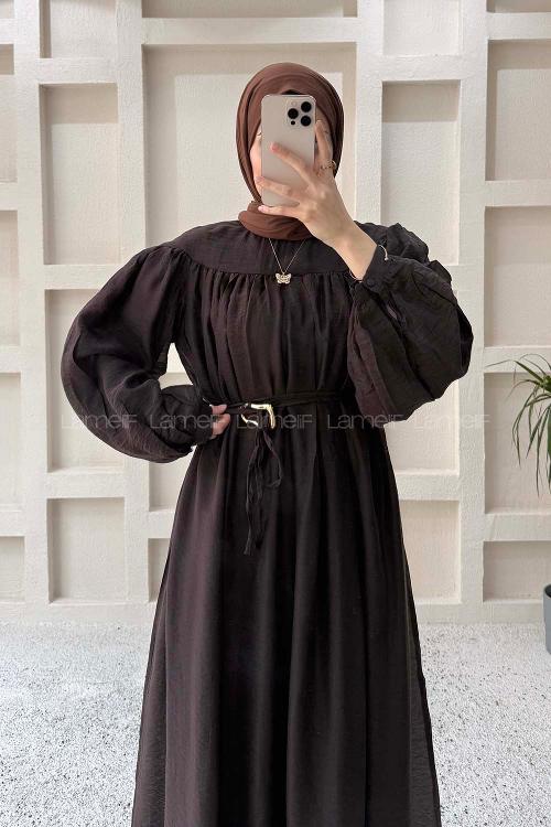 Lamelif Kemer Detaylı Tesettür Elbise Acı Kahve