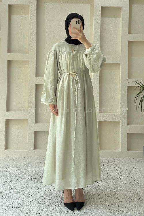 Lamelif Kemer Detaylı Tesettür Elbise Küf Yeşili