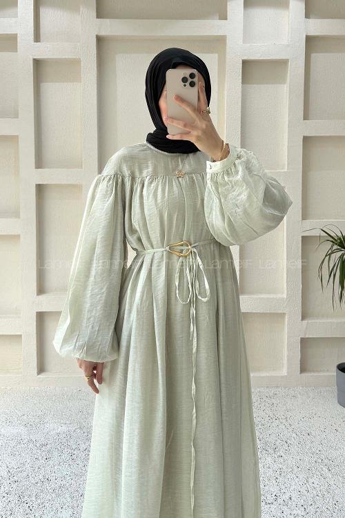 Lamelif Kemer Detaylı Tesettür Elbise Küf Yeşili