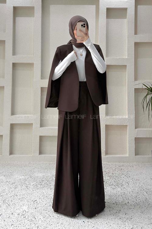 Lamelif Panço Ceketli Etek Pantolon Takım Acı Kahve