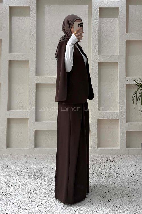 Lamelif Panço Ceketli Etek Pantolon Takım Acı Kahve
