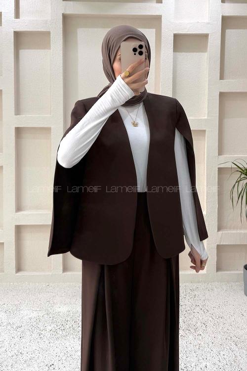 Lamelif Panço Ceketli Etek Pantolon Takım Acı Kahve