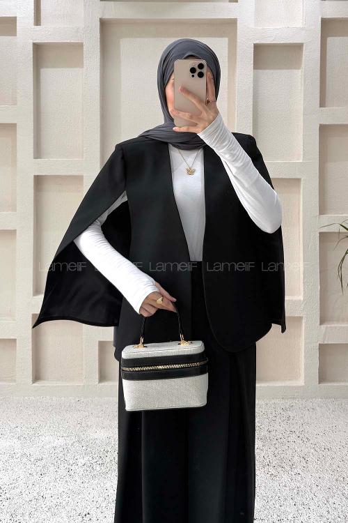 Lamelif Panço Ceketli Etek Pantolon Takım Siyah