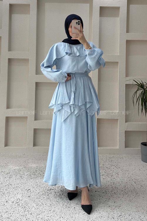 Lamelif Pelerin Detaylı Müslin Tensel Etekli Takım Bebe Mavisi