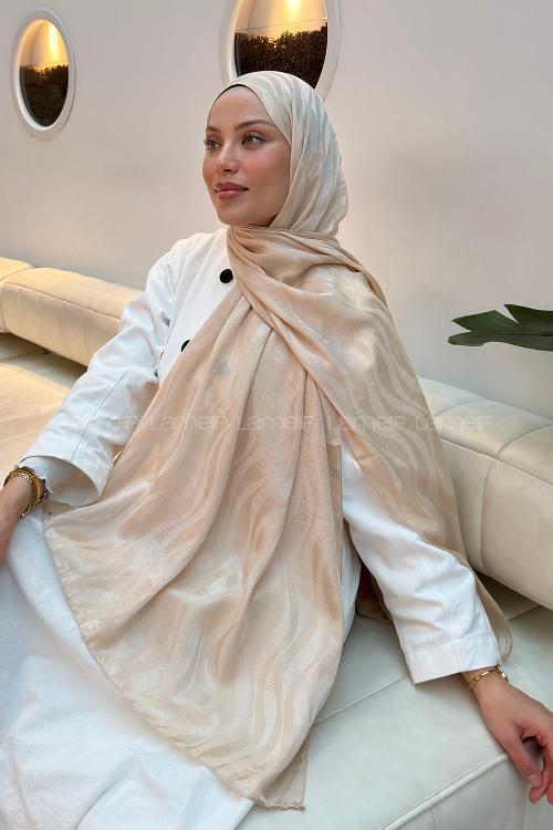 Lamelif  Shine Desen Ayrobin Floş Jakar  Şal Bej