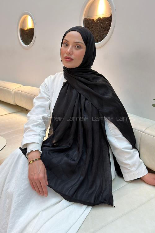 Lamelif  Shine Desen Ayrobin Floş Jakar  Şal Siyah