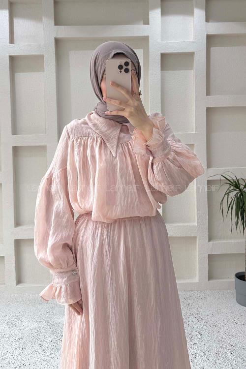Lamelif Tesettür Şifon Takım Pudra Pembe
