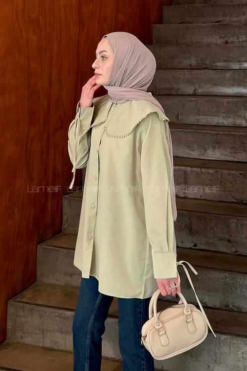 Lamelif Bebe Yaka Dantel Detaylı Gömlek Çağla Yeşili