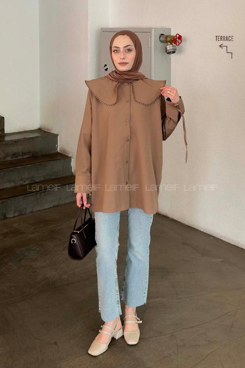 Soft Brown Peter Pan Collar Long Arm Cotton Unprinted Shirt