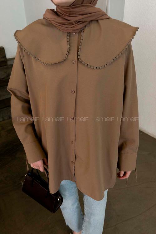 Soft Brown Peter Pan Collar Long Arm Cotton Unprinted Shirt