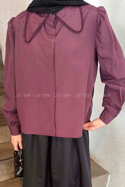 Lamelif Bebe Yaka Dantel Dikişli Gömlek Mürdüm