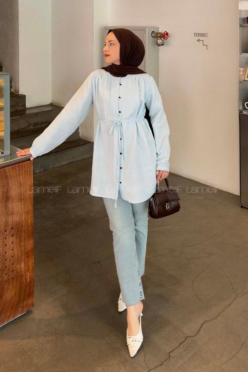 Lamelif Brit Düğmeli Müslin Gömlek Bebe Mavisi
