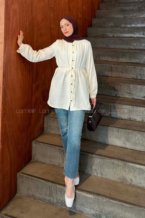 Lamelif Brit Düğmeli Müslin Gömlek Ekru