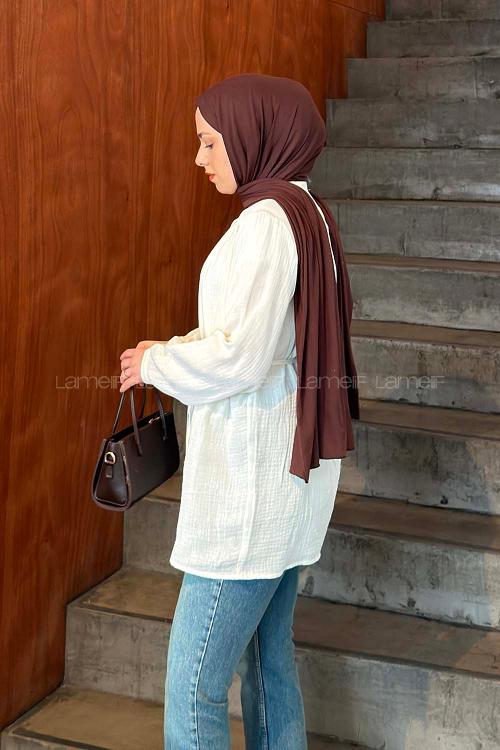 Lamelif Brit Düğmeli Müslin Gömlek Ekru