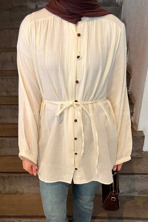 Lamelif Brit Düğmeli Müslin Gömlek Ekru