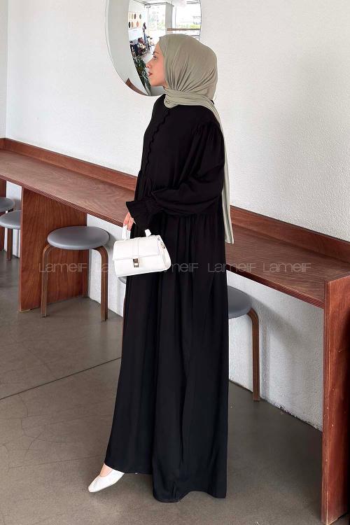 Lamelif Brit Düğmeli Tesettür Elbise Siyah